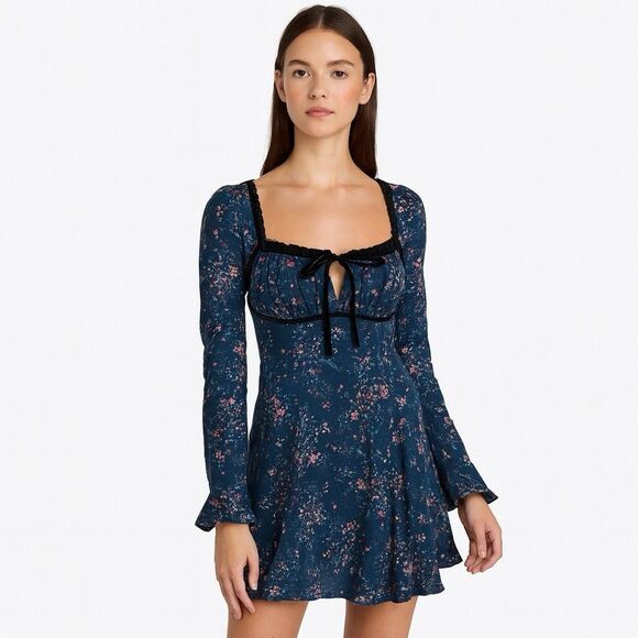 Free People Tess Mini Dress Boho Floral Lace Trim Velvet Tie Long Sleeve Blue L - Picture 1 of 12